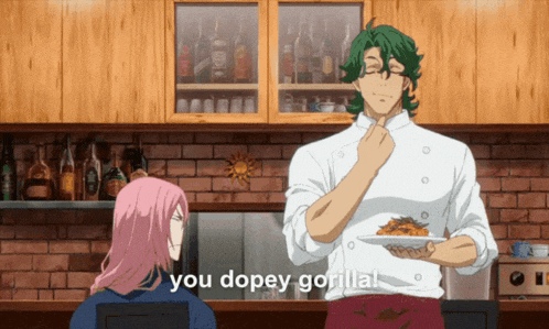 a man with green hair is holding a plate of food next to a woman with pink hair who says you dopey gorilla