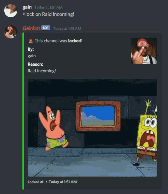 a screenshot of a discord channel with spongebob and patrick talking about raid incoming