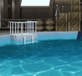 a swimming pool with barrels in the background and a ladder in the middle