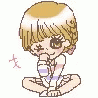 a pixel art of a girl sitting on the floor holding a cup of milk .