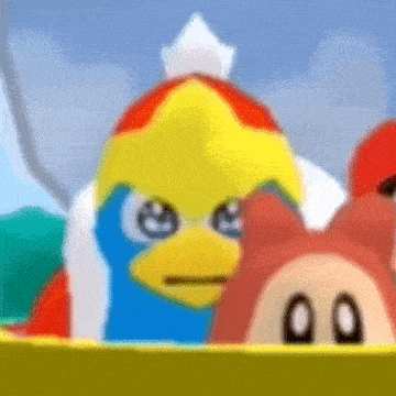 a close up of a cartoon character wearing a red hat and a blue and yellow bird .