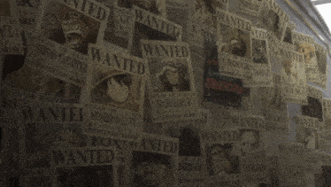 a wall covered in wanted posters including monkey d luffy