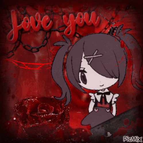 a drawing of a girl with a knife and the words love you behind her