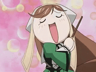 a cartoon girl is holding a stick and making a funny face .