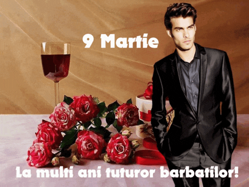 a man in a suit stands next to a glass of wine and roses