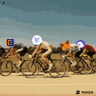 a group of people riding bicycles on a road with a tokeo logo in the corner