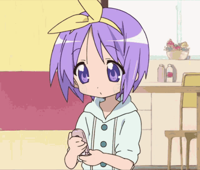 a girl with purple hair and blue eyes is holding a pink phone