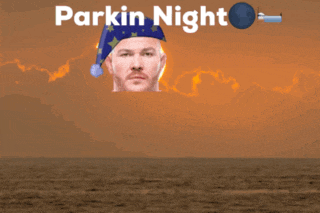 a picture of a man wearing a sleep hat with the words parkin night written above him