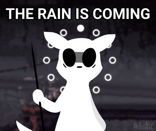 a cartoon of a deer holding a stick with the words the rain is coming above it