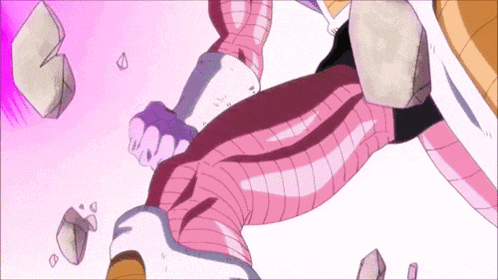 a cartoon character in a pink suit is being punched by a rock