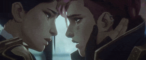 a couple of cartoon characters are looking at each other and touching each other 's faces .