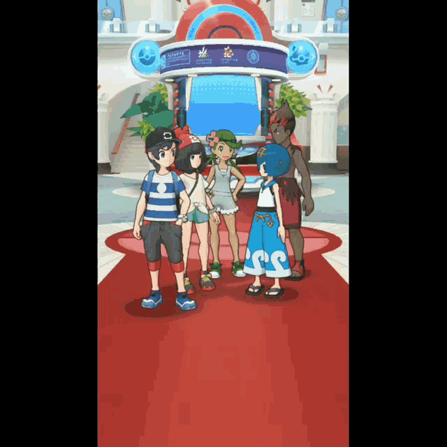 a group of cartoon characters standing on a red carpet in front of a building