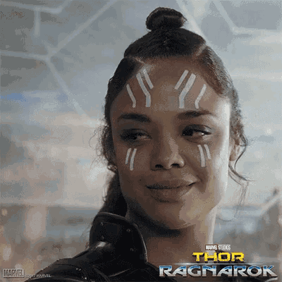 a close up of a woman 's face with the words thor ragnarok in the corner
