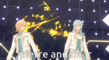 a couple of anime characters standing next to each other with the words pierre and near in the corner