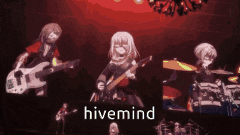 a group of anime girls are playing guitars and drums on a stage with the word hivemind in the corner