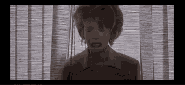 a woman is standing in front of a window with blinds on it .