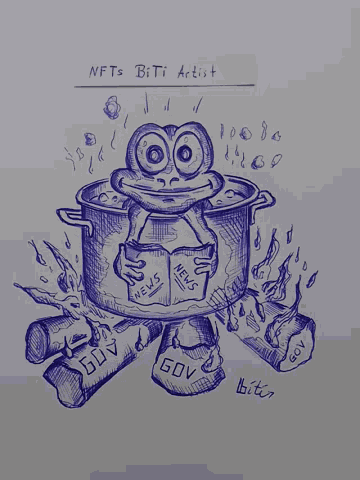 a drawing of a frog in a pot with the words nfts biti artist on the bottom