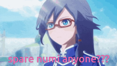 a girl with glasses and the words spare numi anyone in pink