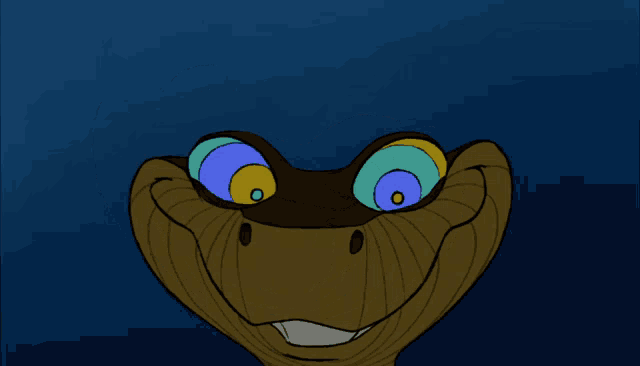 a close up of a cartoon snake with a blue background