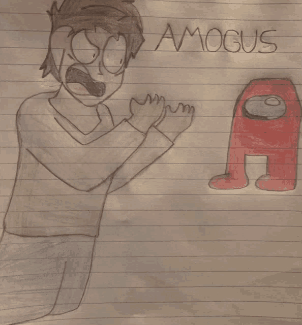a drawing of a man and a red among us character on a piece of paper