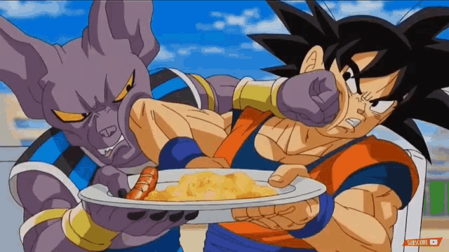 a cartoon of a man holding a plate of food next to a cartoon of a cat holding a plate of food