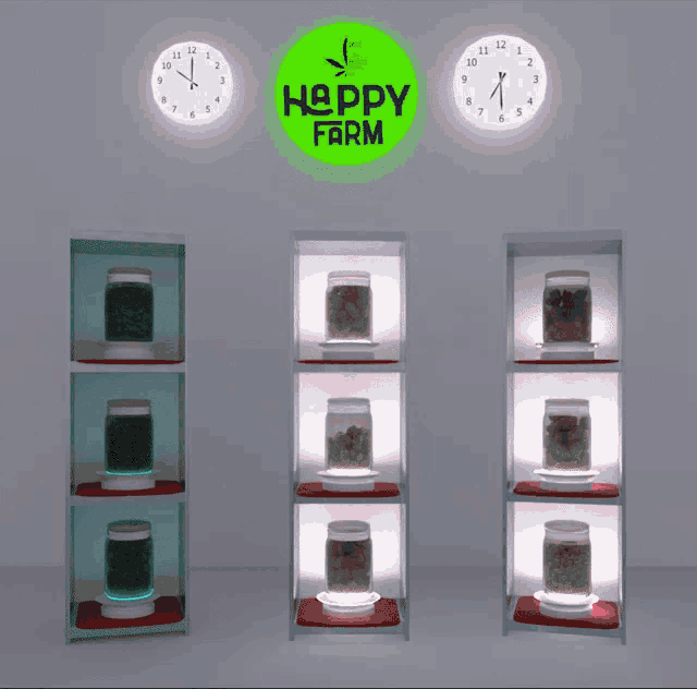 a display of jars and clocks with a green sign that says happy farm