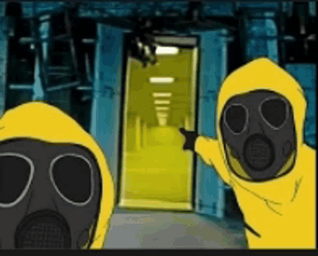 a cartoon of two people wearing gas masks pointing at a door .