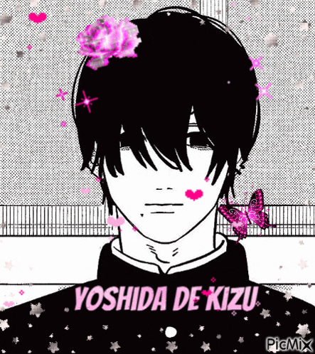 a black and white drawing of a boy with a pink flower in his hair