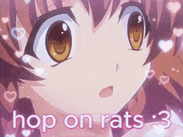 a picture of a girl with the words hop on rats : 3