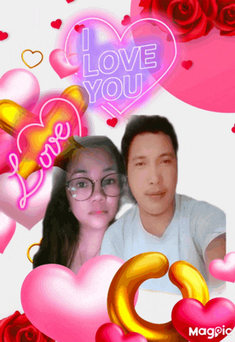 a man and a woman are surrounded by hearts and a heart that says i love you
