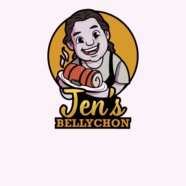 a logo for jen 's bellychon shows a woman holding a roll of meat