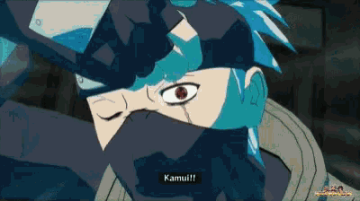 a cartoon character with a mask on his face says kamui !!