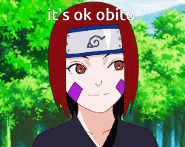 a girl with red hair is wearing a headband that says ' it 's ok obito '