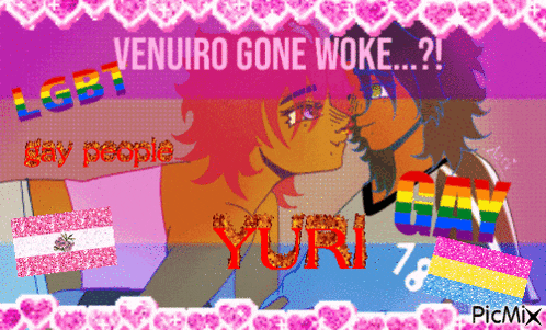 a picture of a couple kissing with the words venuiro gone woke on it