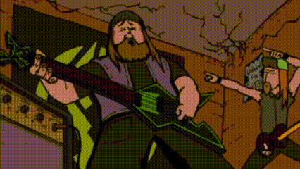 a cartoon of a man playing drums in front of pumpkins with a sign that says jimmy fried steak