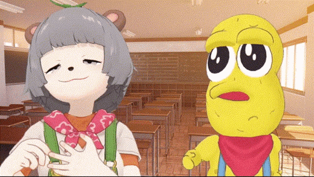 a cartoon girl and a cartoon peanut are standing in a classroom