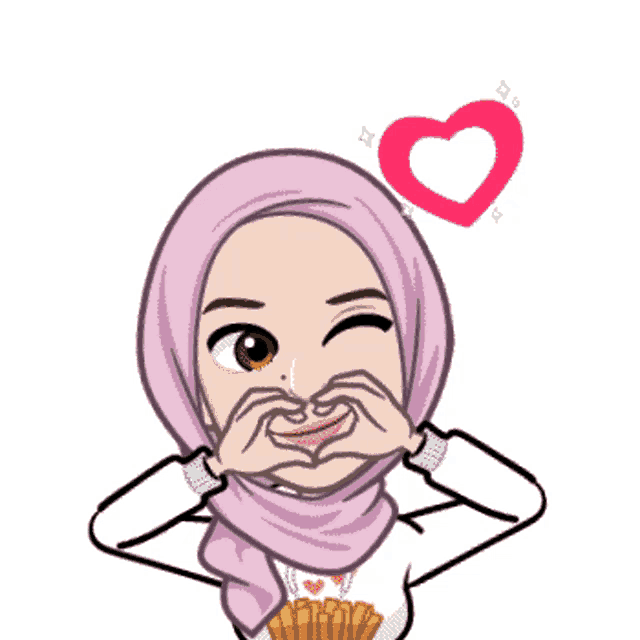 a cartoon of a woman wearing a pink hijab making a heart shape with her hands
