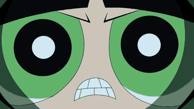 a close up of a cartoon character 's face with green eyes and black circles