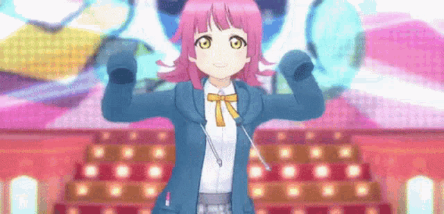 a girl with pink hair and a blue jacket is standing in front of a pink background .