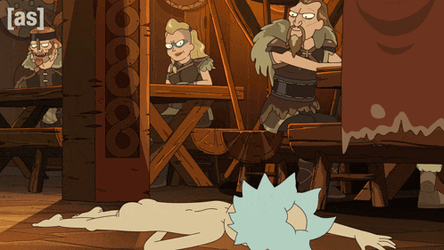 a cartoon of rick and morty laying on the floor with a sign that says [ as ]