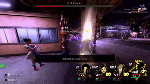 a screenshot of a video game shows a woman fighting a buchanan