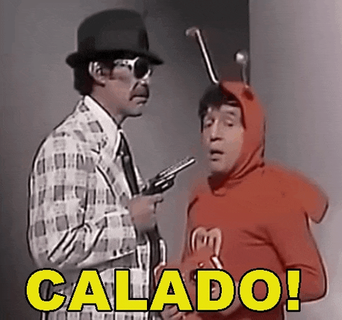 a man in a hat is holding a gun next to a man in a red costume that says calado