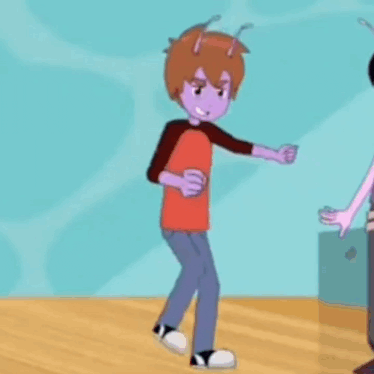 a cartoon character with purple hair is standing on a wooden floor with his arms outstretched .