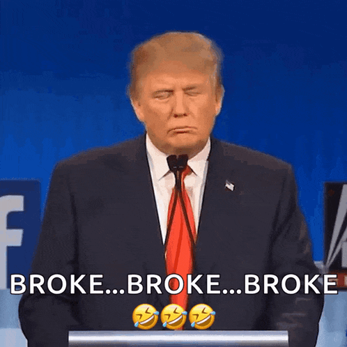 donald trump stands at a podium with his eyes closed and says broke