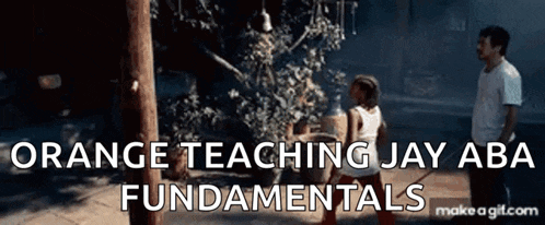 a man and two children are standing in front of a tree with the words orange teaching jay aba fundamentals on the bottom .