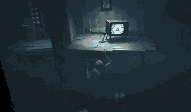 a video game scene with a person walking in the dark