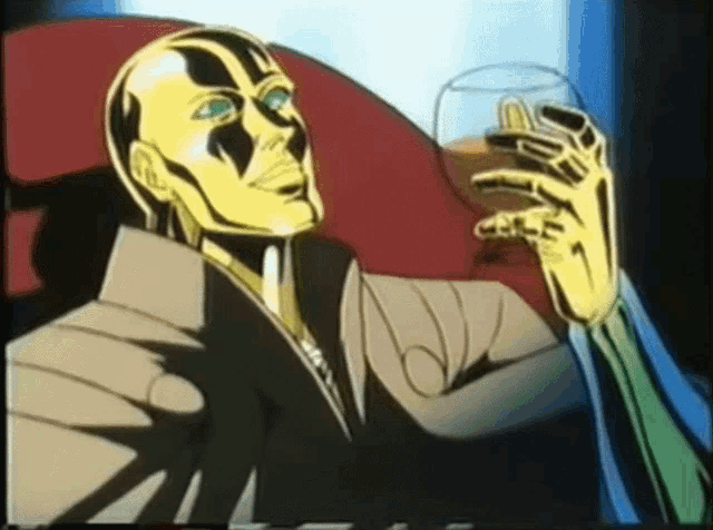 a cartoon drawing of a man holding a glass