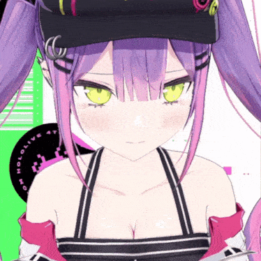 a girl with purple hair and yellow eyes is wearing a hat with hololive written on it