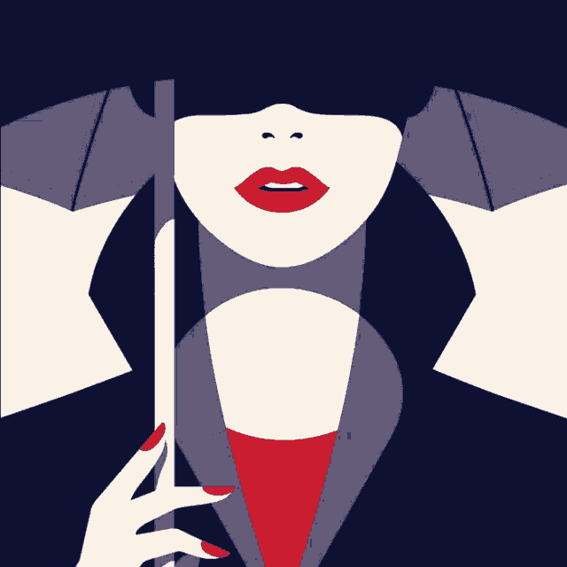 a woman with red lips is holding an umbrella in her hand
