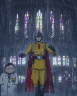 a man in a superhero costume stands in front of a church with stained glass windows